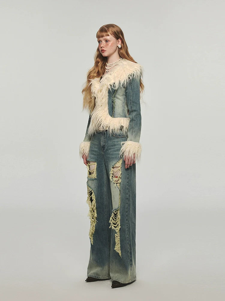 Denim Distressed Wide-Leg Pants