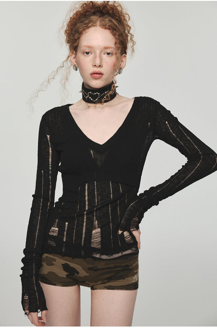 Hollow Out Waist-Cinched Knitted Blouse