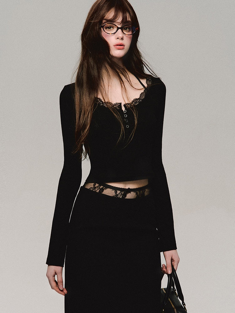 로우 웨이스트 레이스 스플라이싱 스트레이트 스커트 