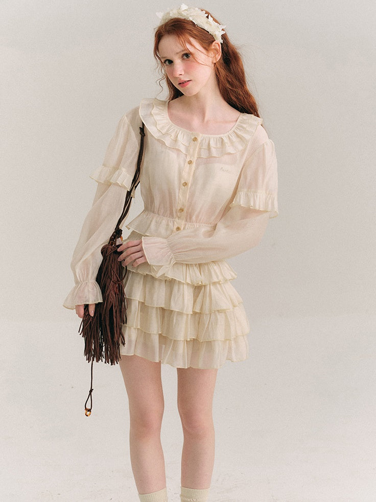 Shimmer Ruffle Collar Shirt & Cake Skirt