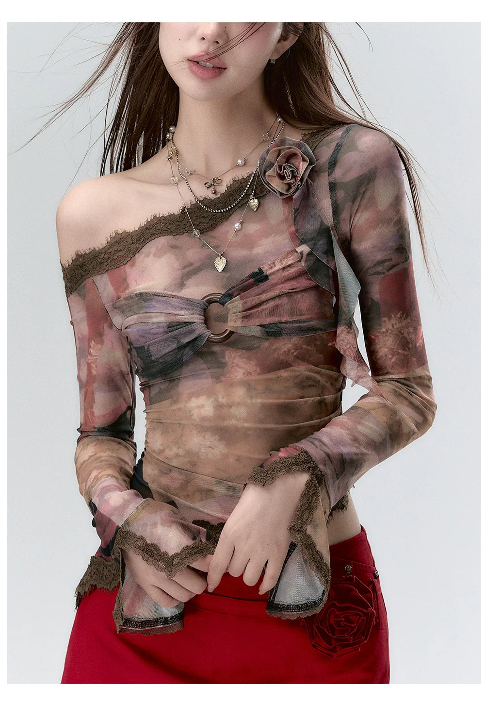 Lace Paneling Mesh Off-the-Shoulder Blouse