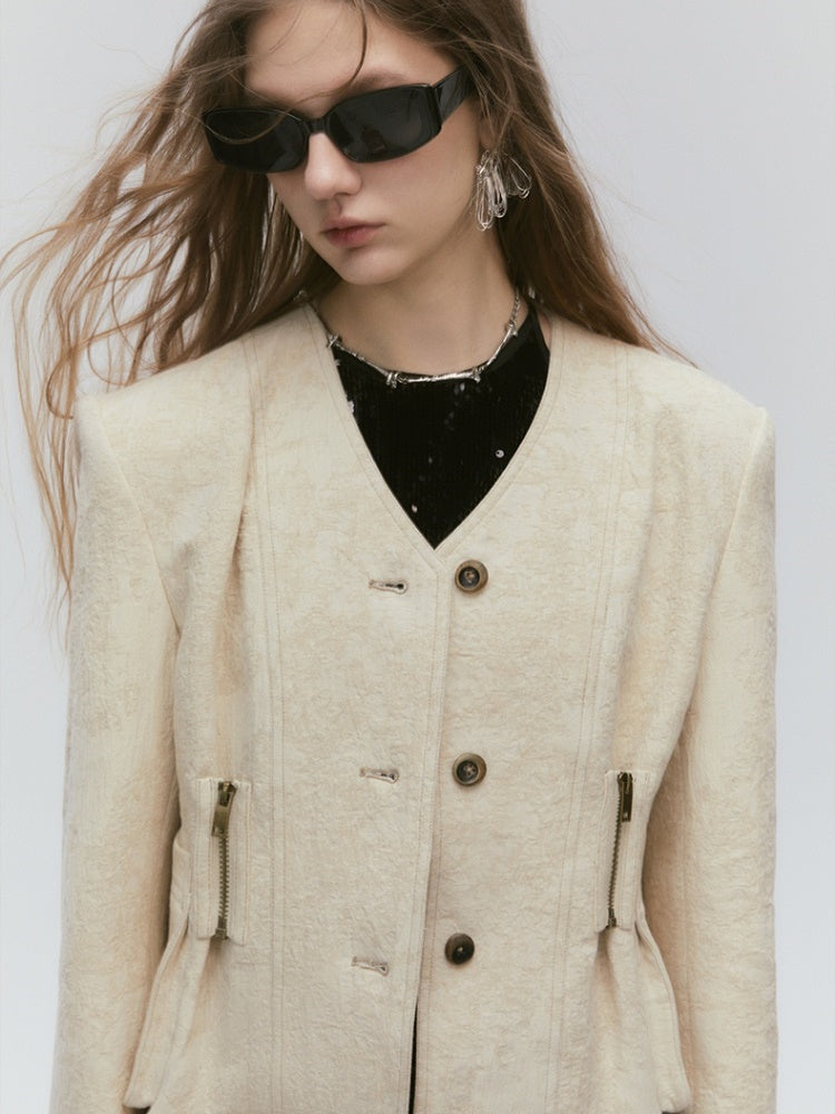 V-neck Zipper Pleated Jacket