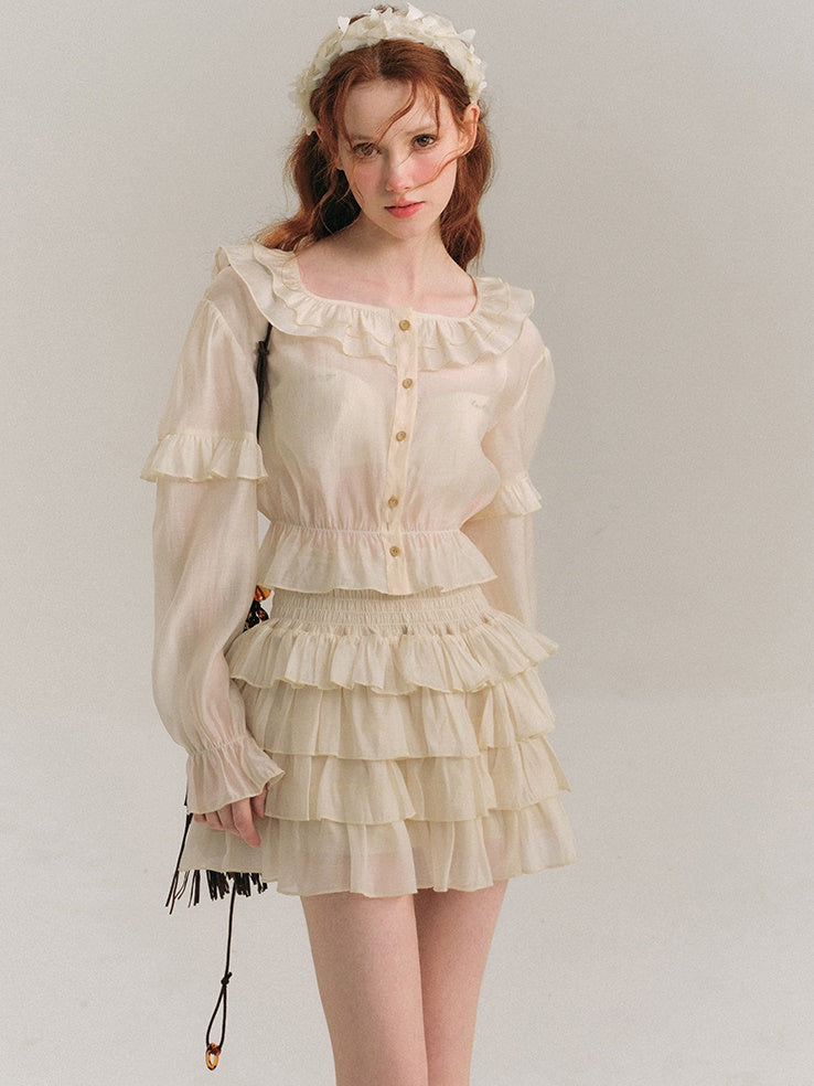 Shimmer Frill Collar Shirt ＆ Fluffy Cake Skirt