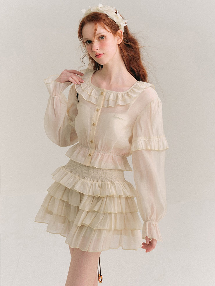 Shimmer Ruffle Collar Shirt & Cake Skirt