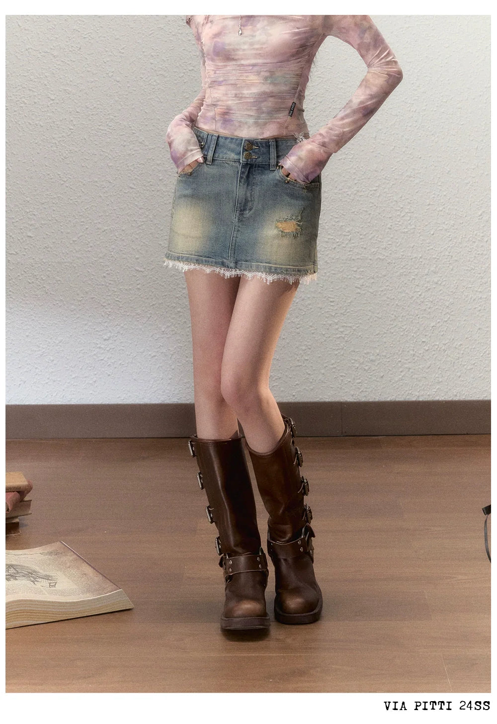 Washed Denim Distressed Mini Skirt