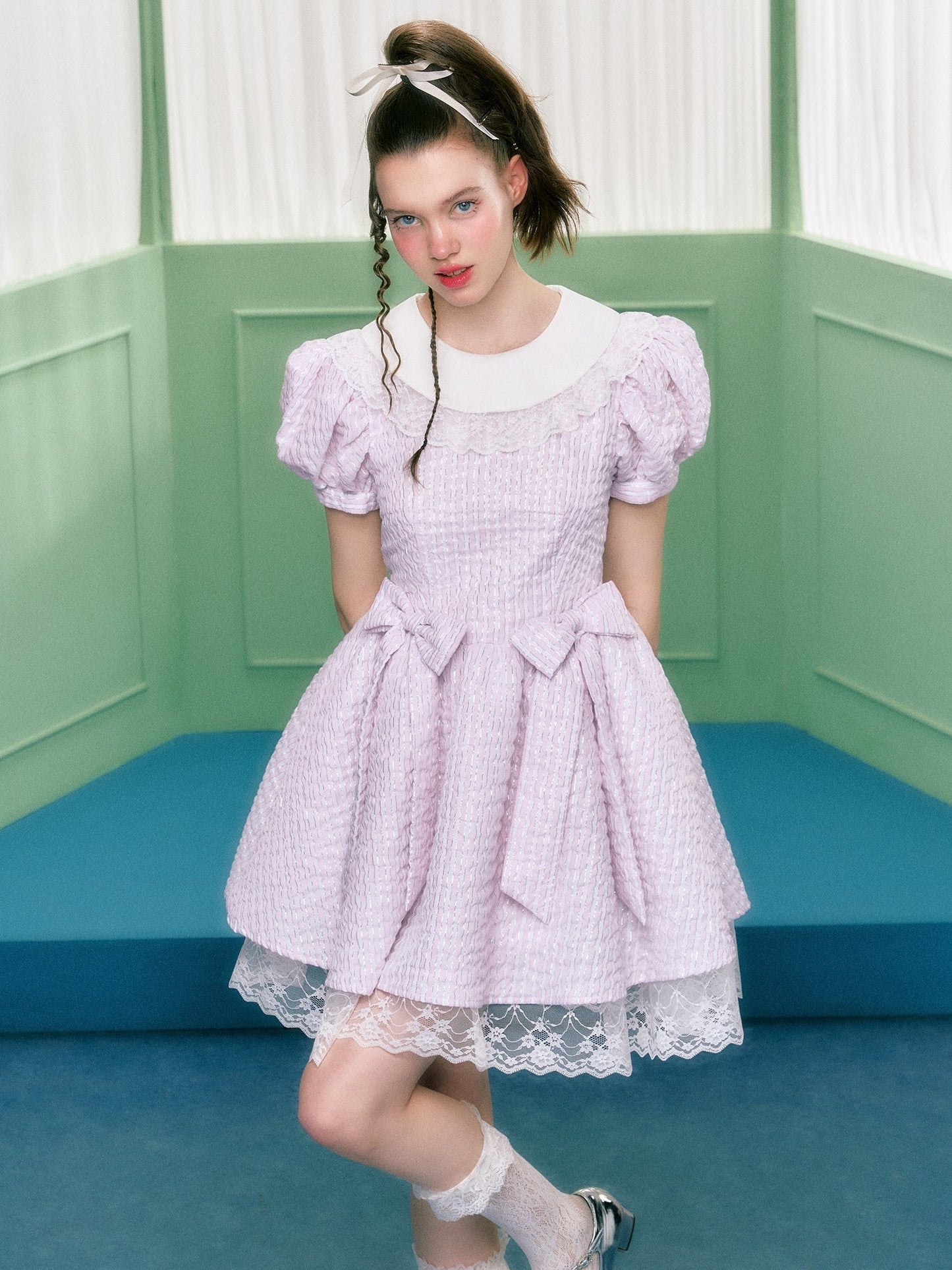 Stripe Bow Puff Sleeve Lace Doll Dress