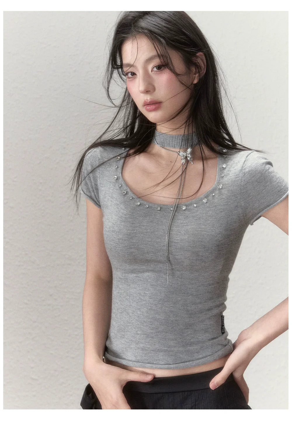 Choker Collar Rhinestone Knit T-Shirt