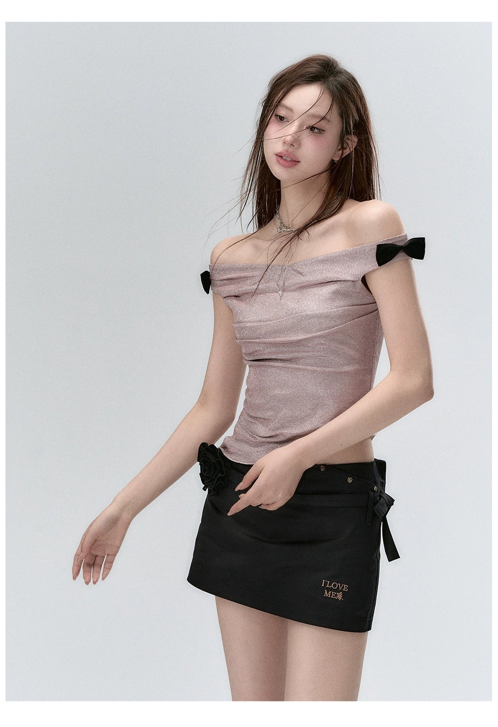 "I LOVE ME" Embroidered Rose Belt A-Line Mini Skirt