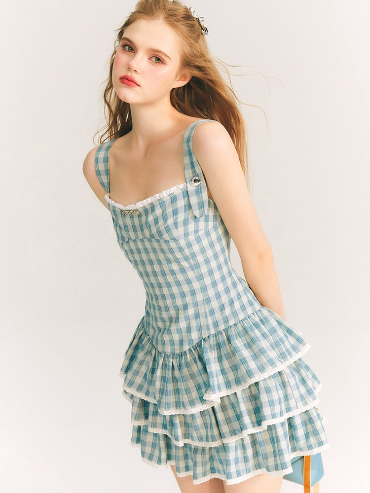 Plaid Strap Puff Skirt Dress