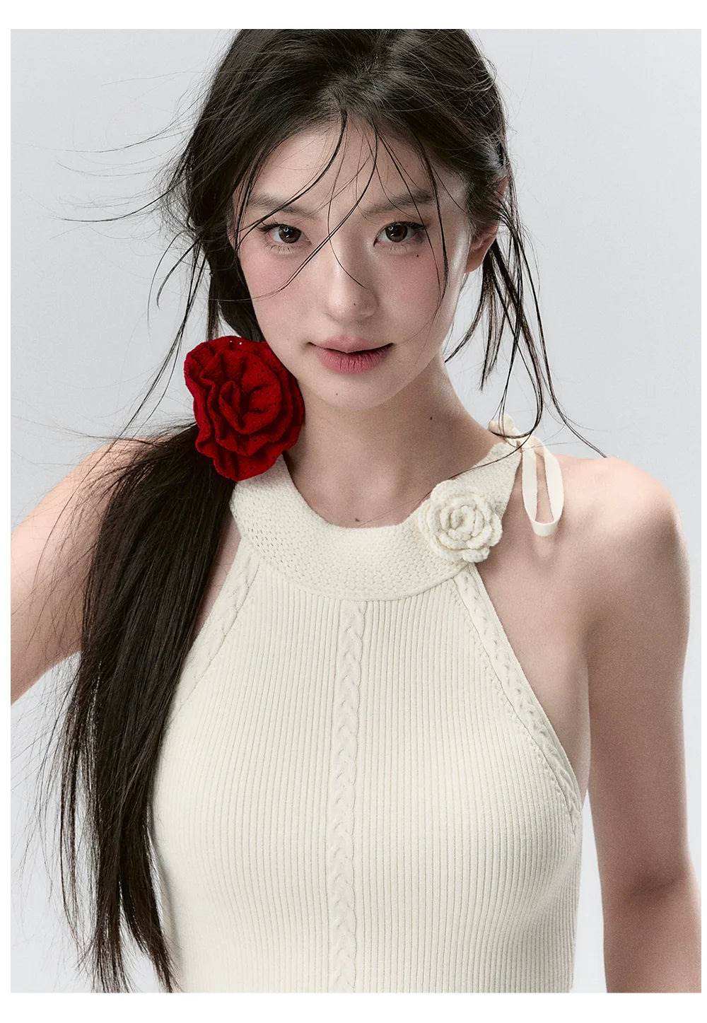 Red & Beige Rose Decor Crewneck Knitted Vest