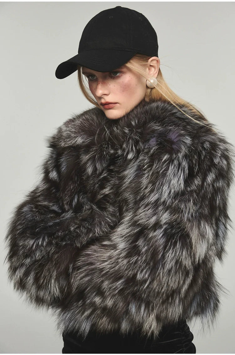 Turn-down Collar Silver Fox Fur Short Coat