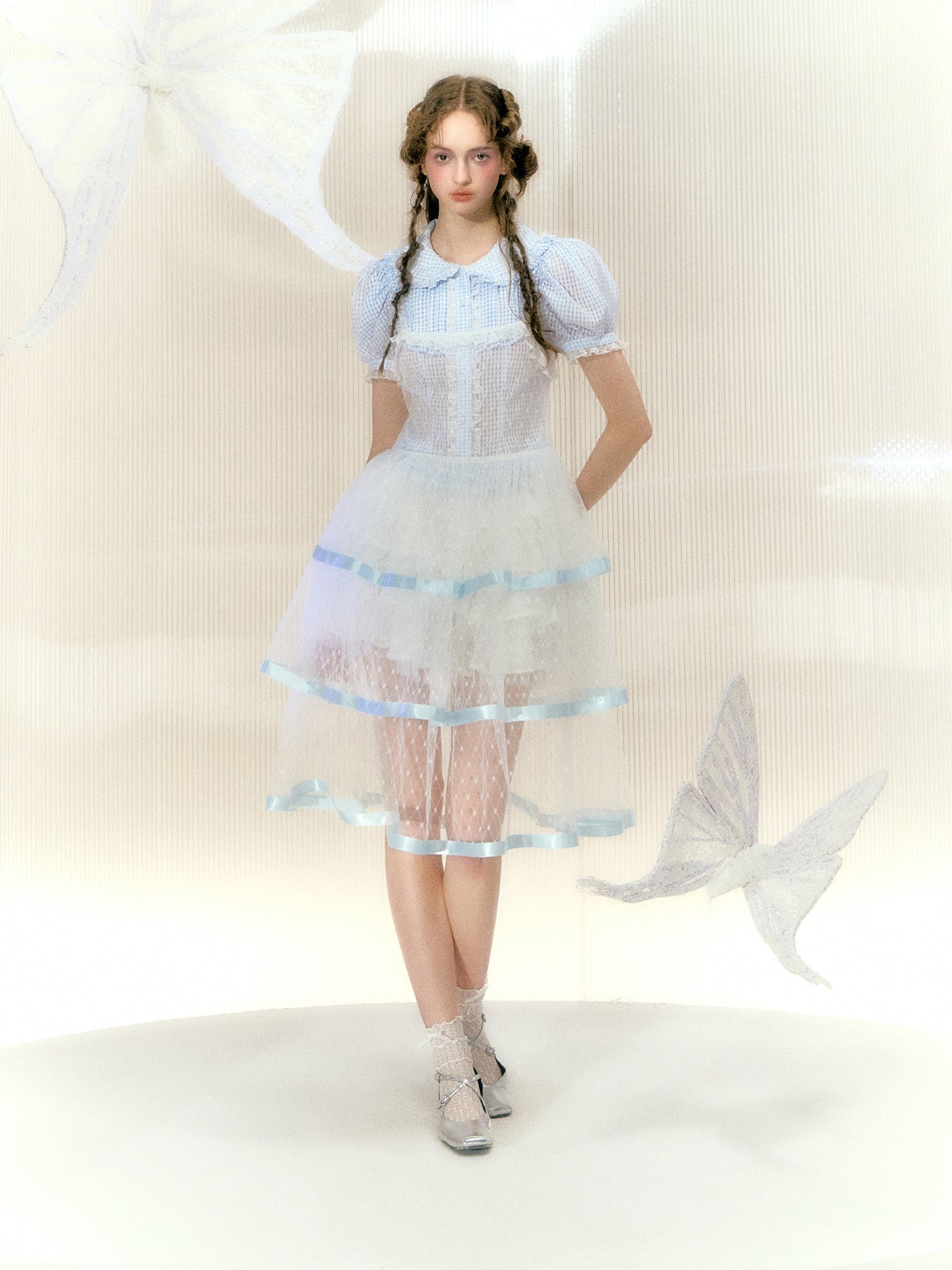 레이스 리본 메쉬 서스펜더 케이크 드레스