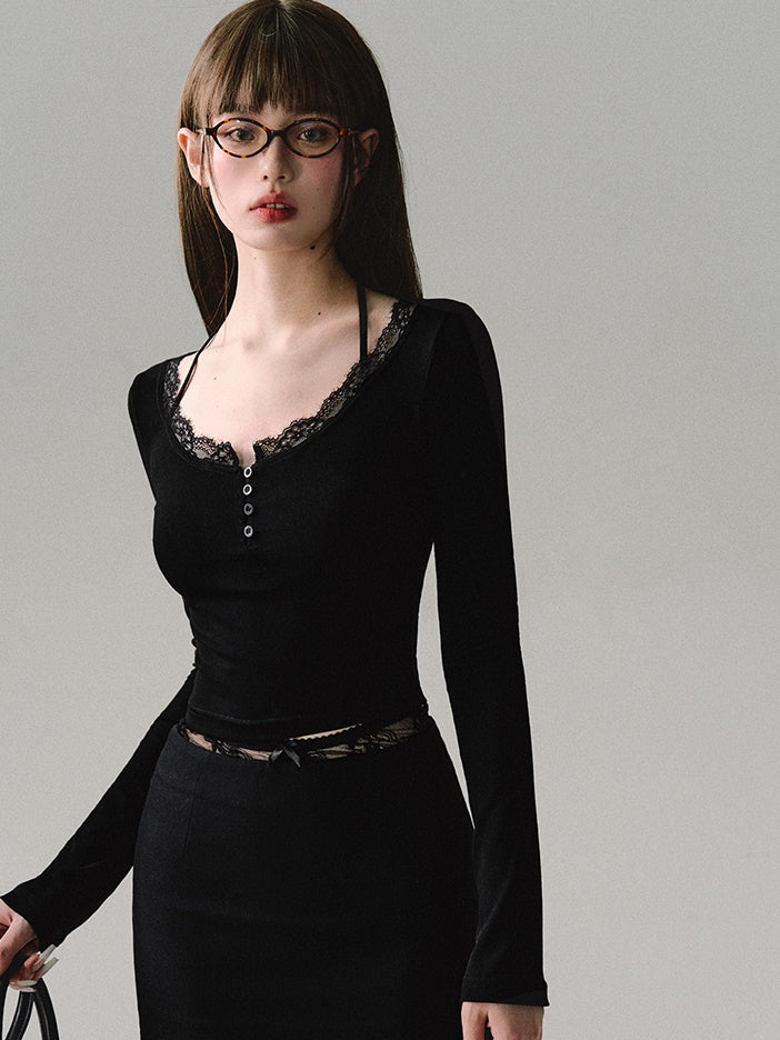 레이스 스티치 니트 바텀 셔츠 
