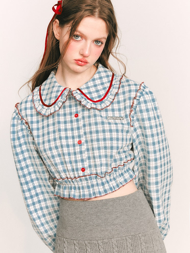 Plaid Doll Collar Puff Sleeve Shirt