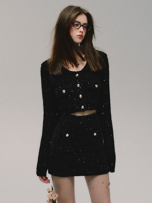 Sequined Knitted Cropped Cardigan ＆ Short Skirt