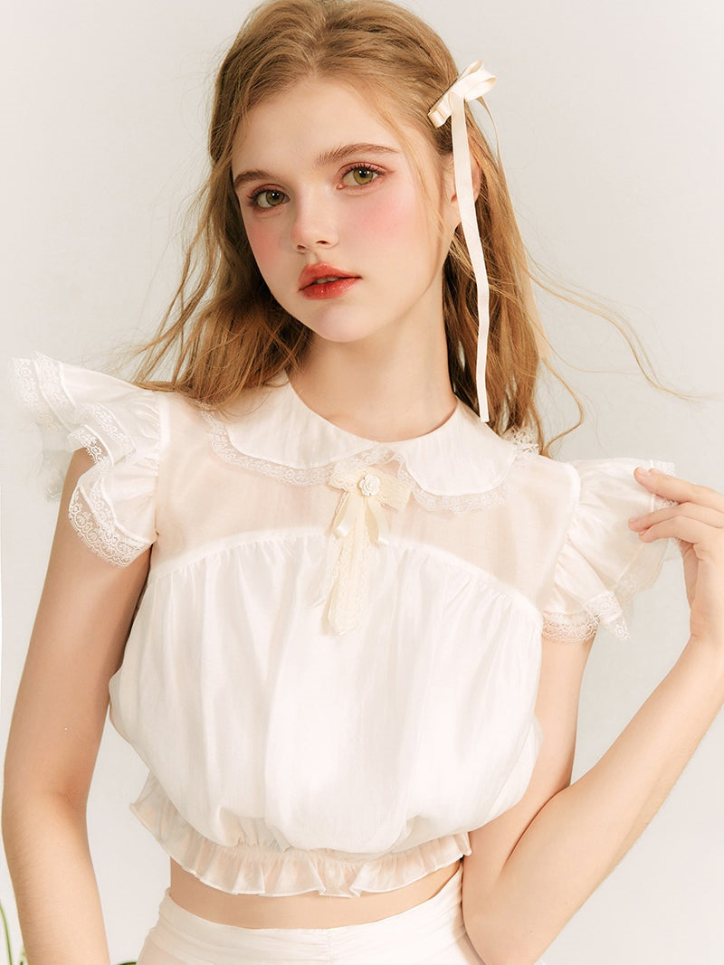 Translucent Flying Sleeve Top ＆ Lace Mini Skirt