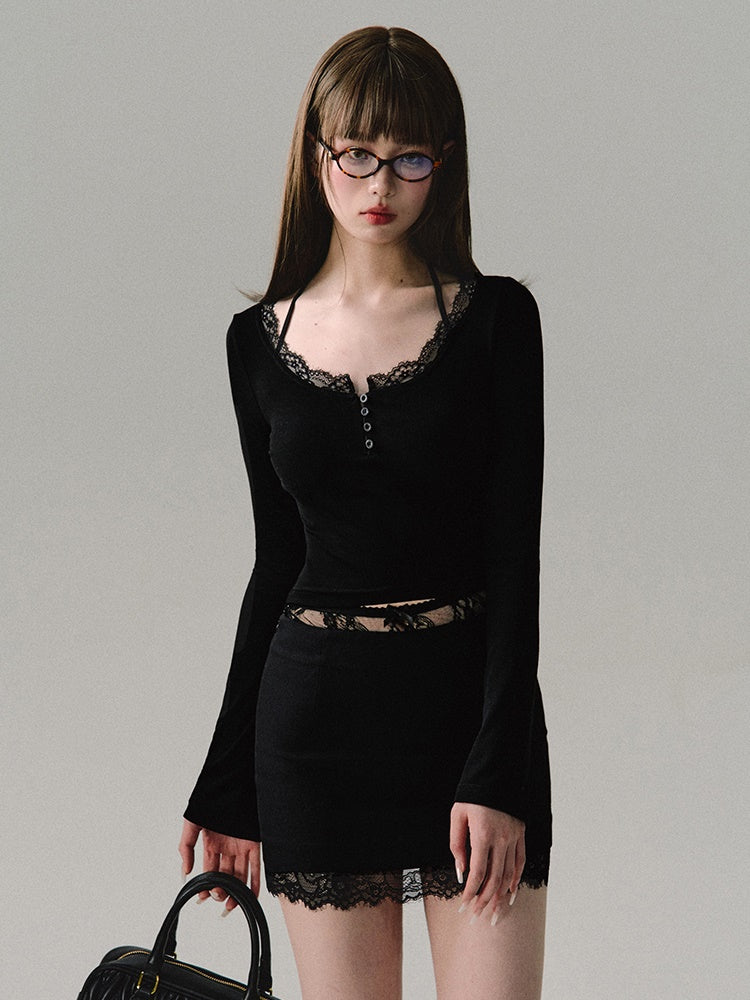 로우 웨이스트 레이스 스플라이싱 스트레이트 스커트 