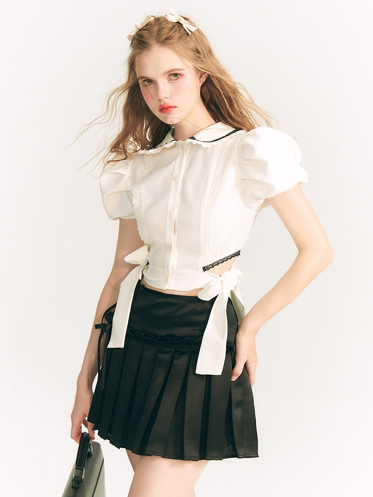 Ribbon Shiny Pleated Skirt