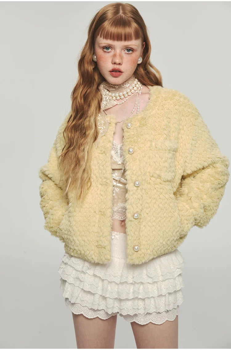 Yellow Faux Fur Casual Crop Coat