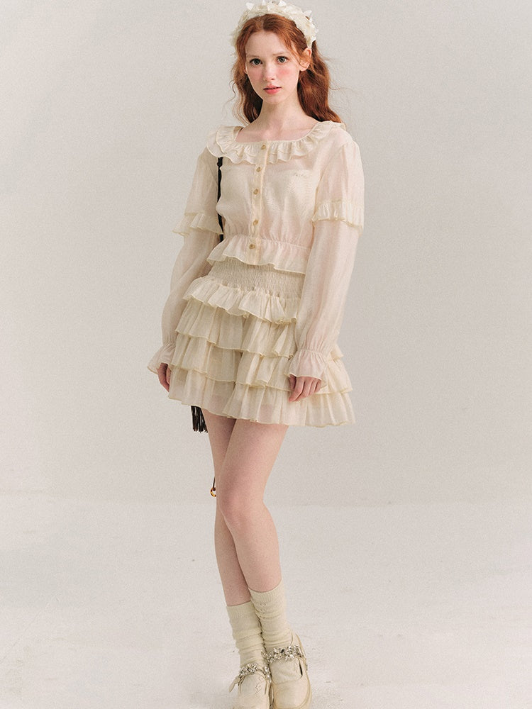 Shimmer Ruffle Collar Shirt & Cake Skirt