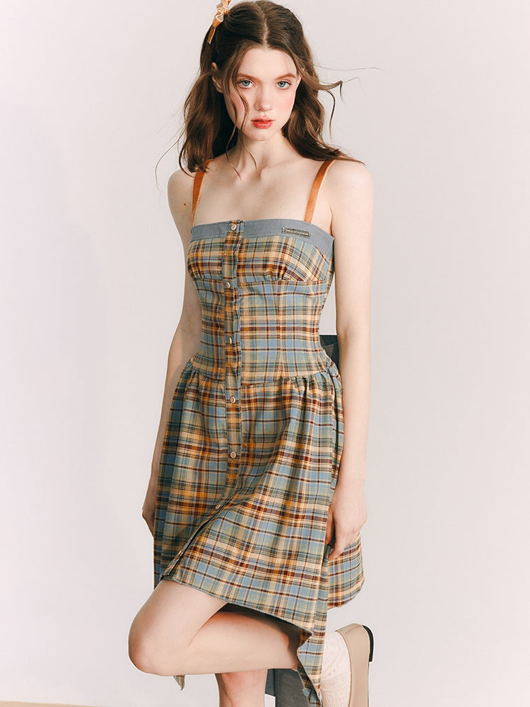 Sunflower Plaid Suspender Irregular Dress