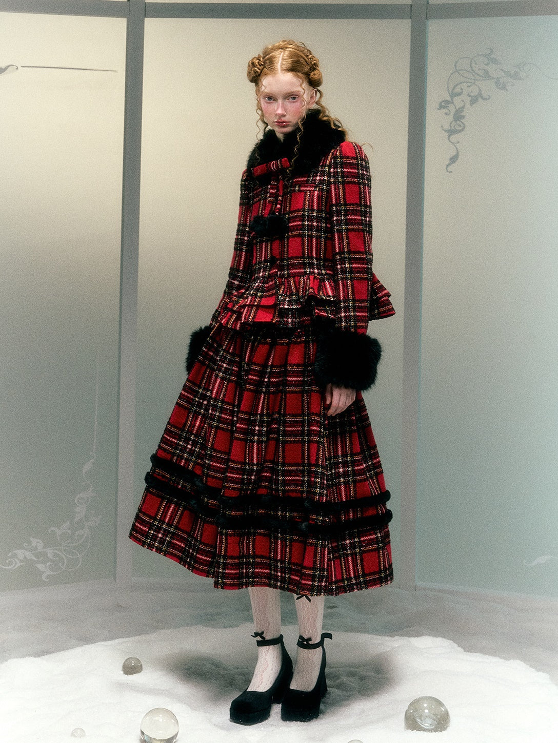 Plaid Detachable Fur Collar Fur Ball Short Coat & Mid-Length Skirt