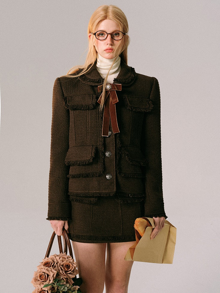 College Style Tweed Short Jacket & Mini Skirt