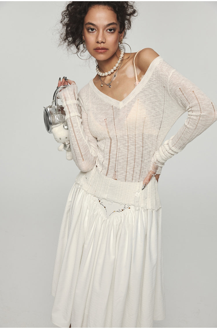 Hollow Out Waist-Cinched Knitted Blouse