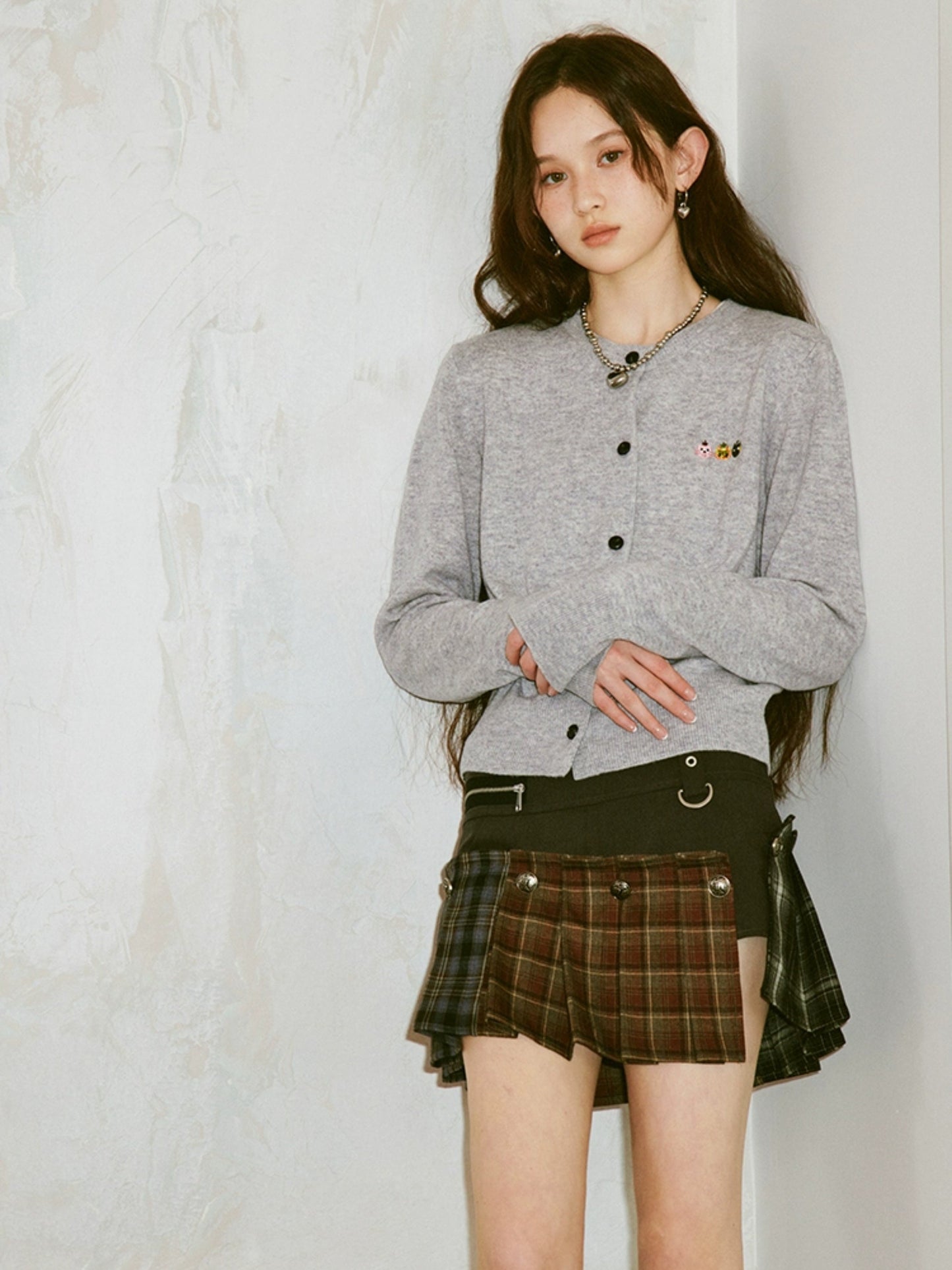 Plaid Splicing A-line Pleated Short Skirt