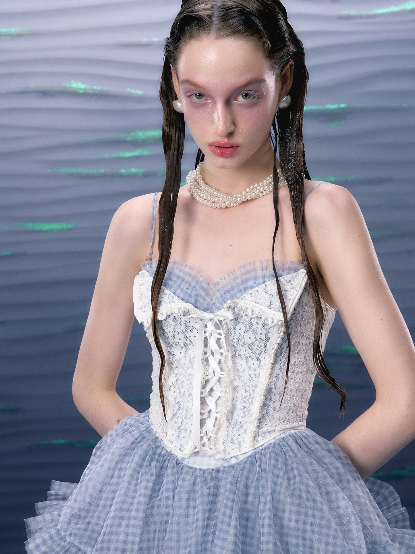 Plaid Mesh Tutu Suspender Dress ＆ Lace Pearl Corset