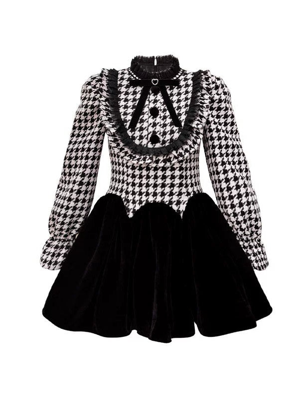 Plaid Lace Stand-Collar Rhinestone Bow Waist Shape Dress