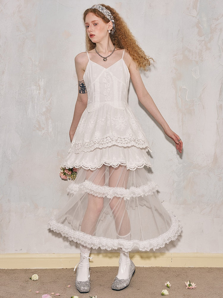 Romantic Hollow Embroidery Lace Camisole Dress