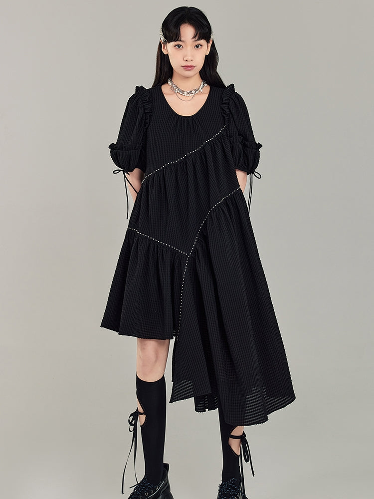 Puff Sleeve Irregular Black Dress