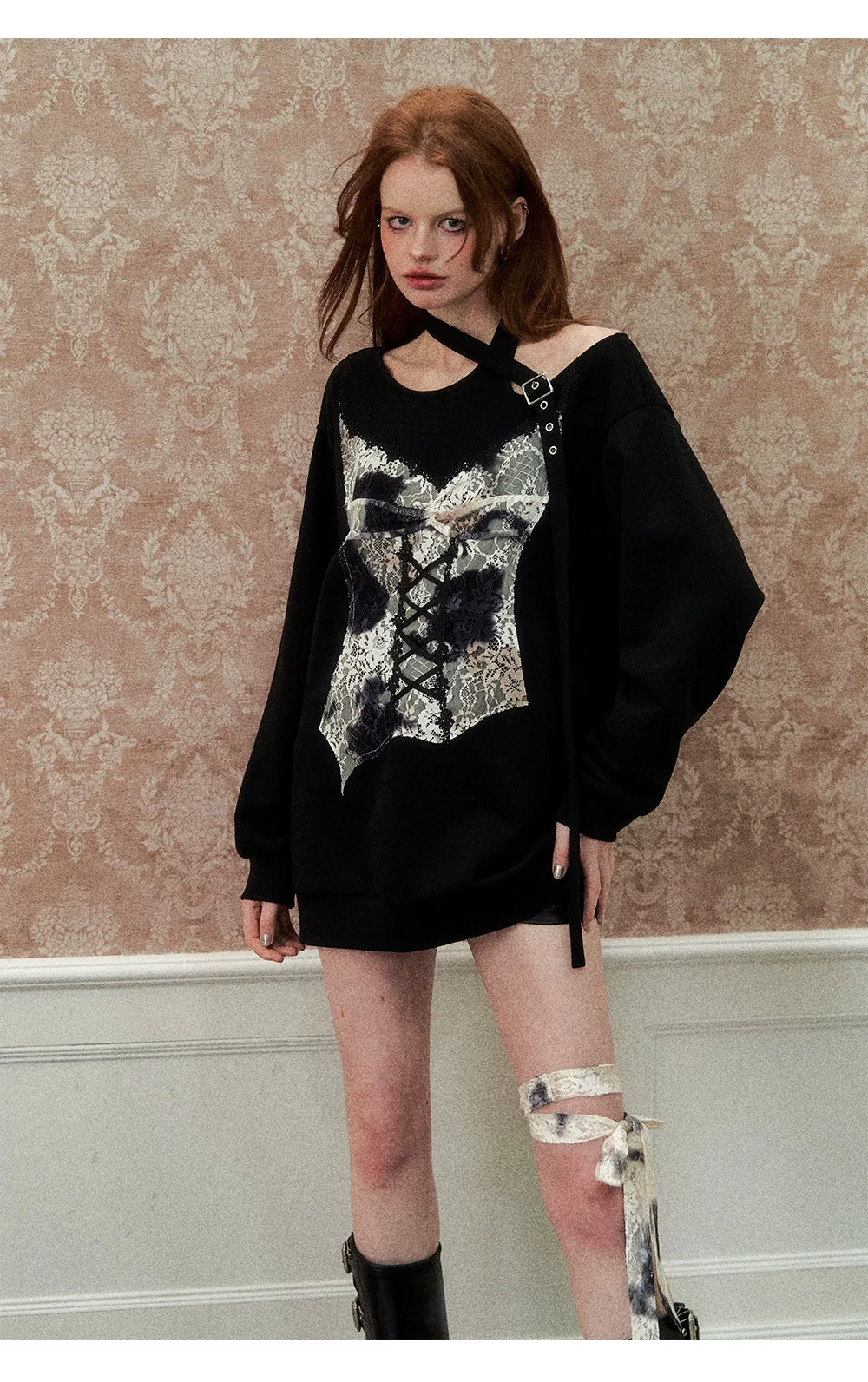 Off-white & Black Lace Spliced T-shirt