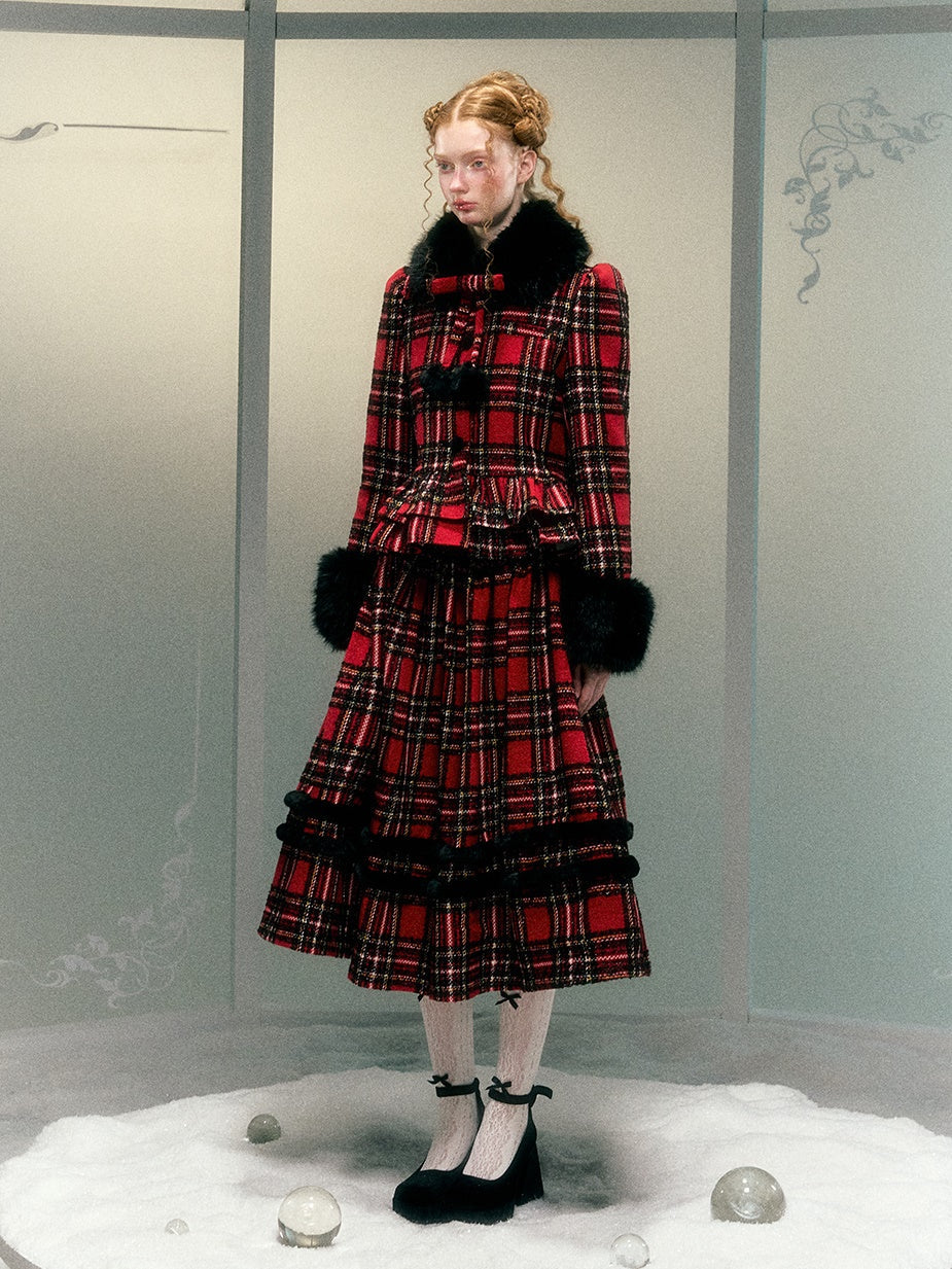 Plaid Detachable Fur Collar Fur Ball Short Coat & Mid-Length Skirt