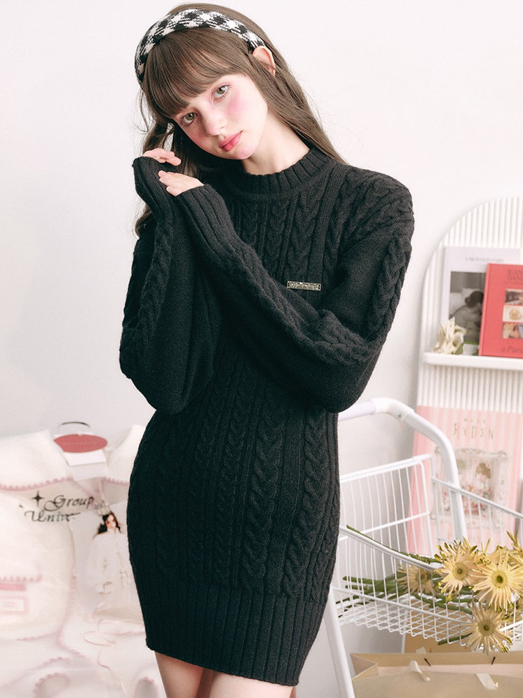 Slim Waist Long Sleeve Knitted One-piece