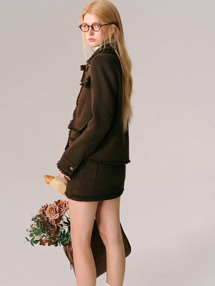 College Style Tweed Short Jacket & Mini Skirt