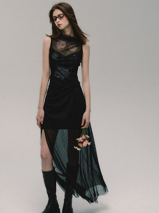 메쉬 슬림핏 슬릿 드레스 