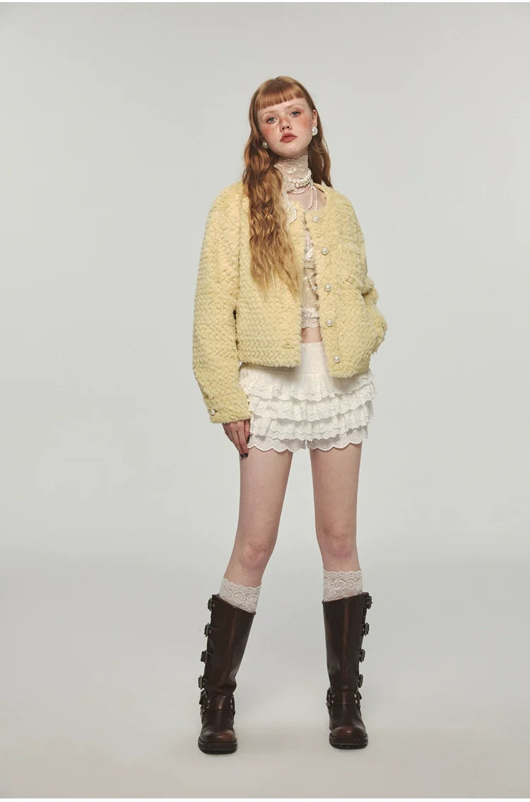 Yellow Faux Fur Casual Crop Coat