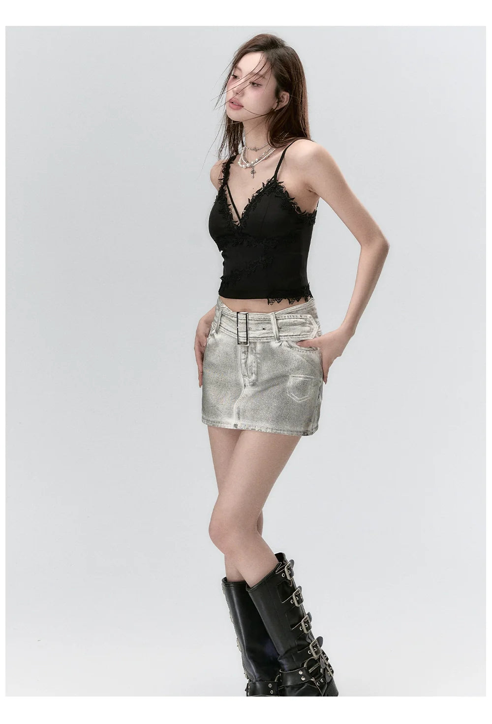 Wide Belt Washed Denim A-Line Mini Skirt