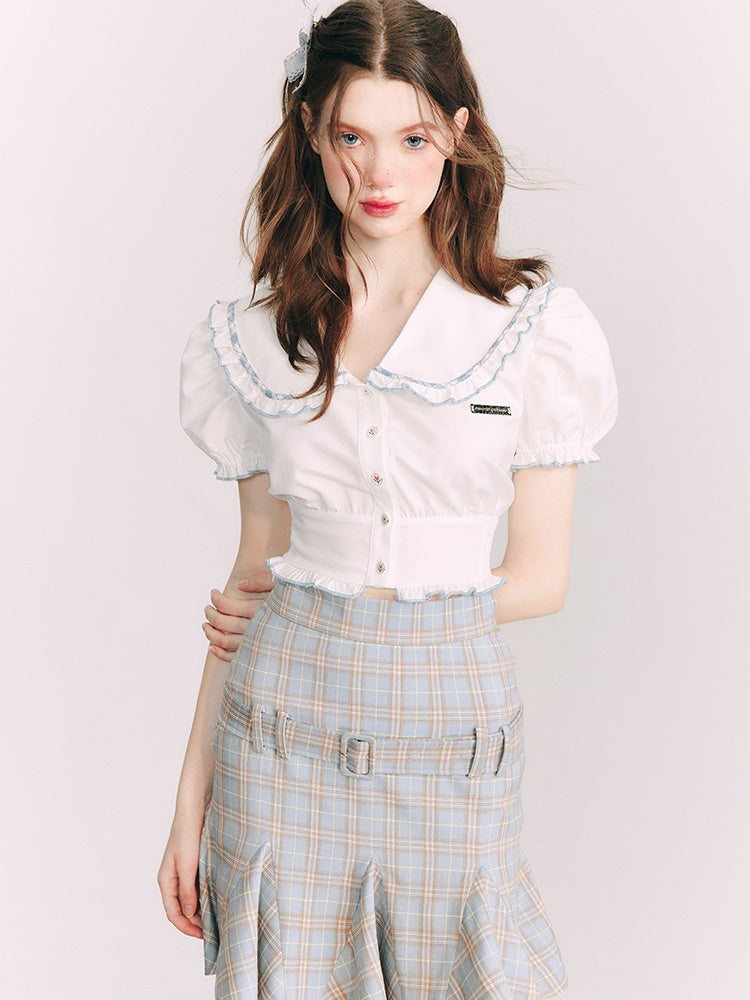 Short Puff Sleeves Doll Collar Shirt