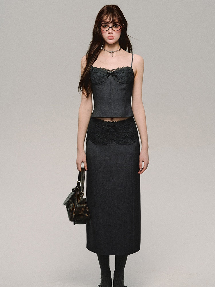 Slim Fit Lace Stitch Camisole ＆ Spliced Skirt