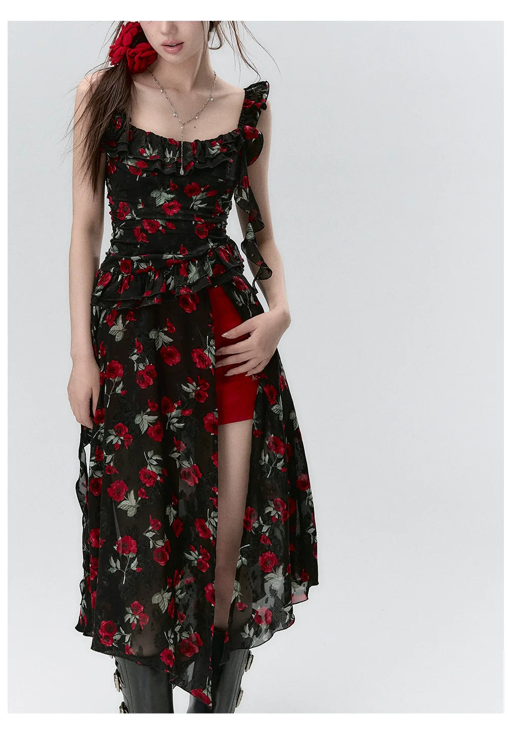 Detachable Square Neck Floral Midi Dress