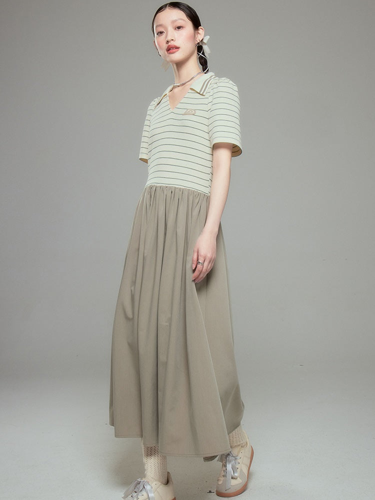 Polo Collar Striped Long One-piece