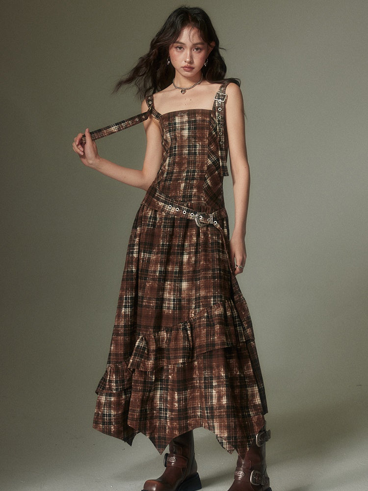 Retro Adjustable Plaid Strap Dress