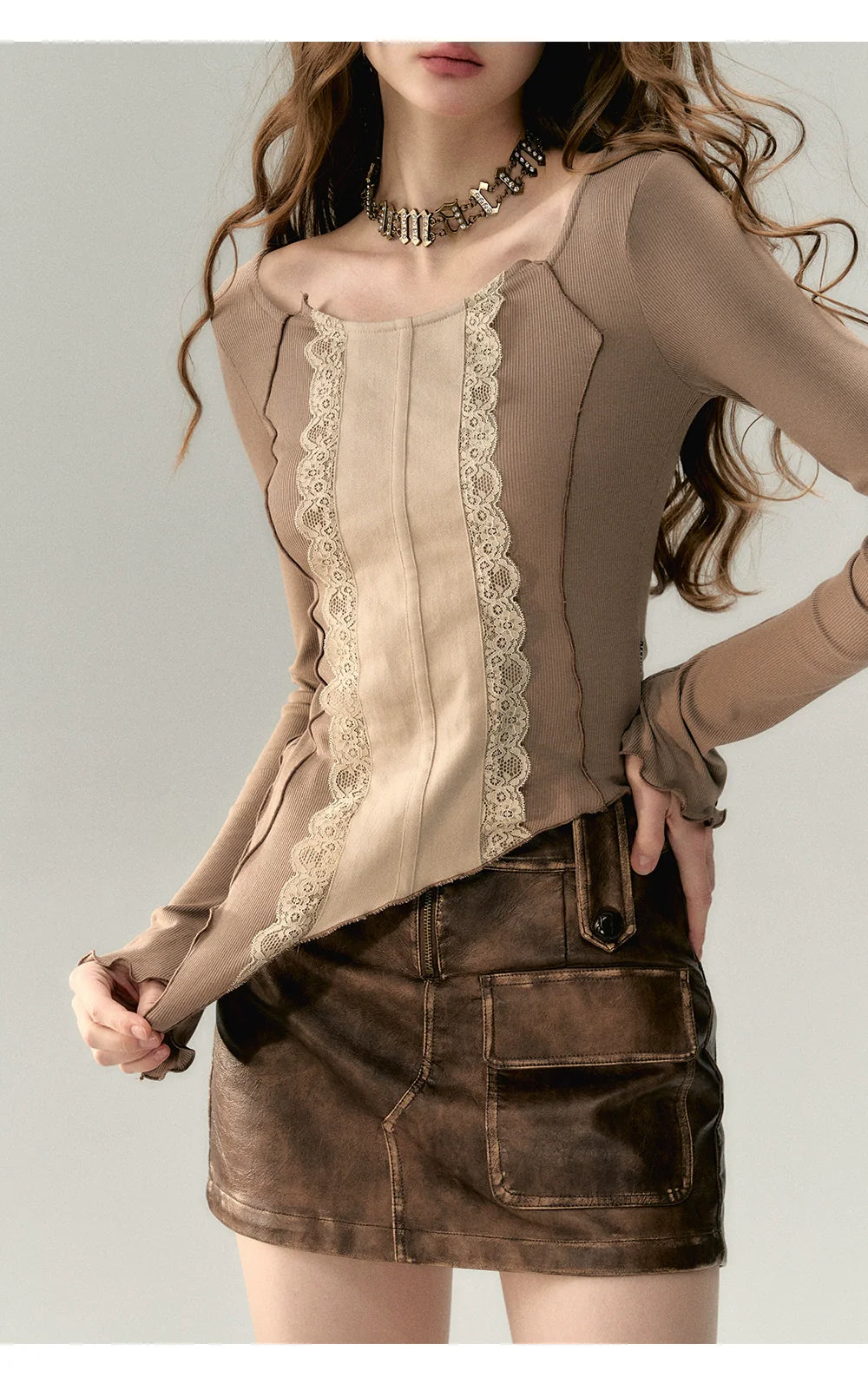 Gray & Khaki Lace Patchwork Blouse