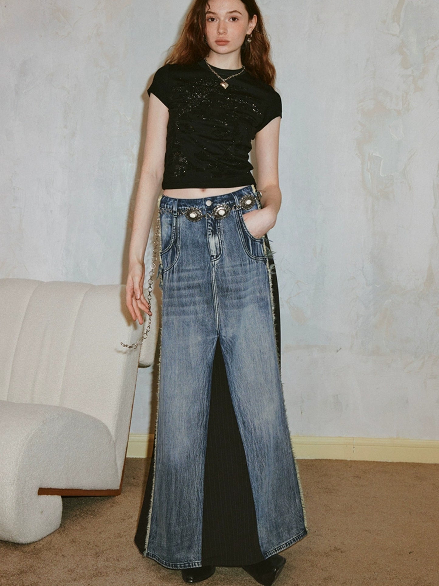 Retro Distressed Washed Raw Edge Denim Patchwork Skirt