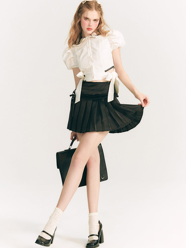 Ribbon Shiny Pleated Skirt