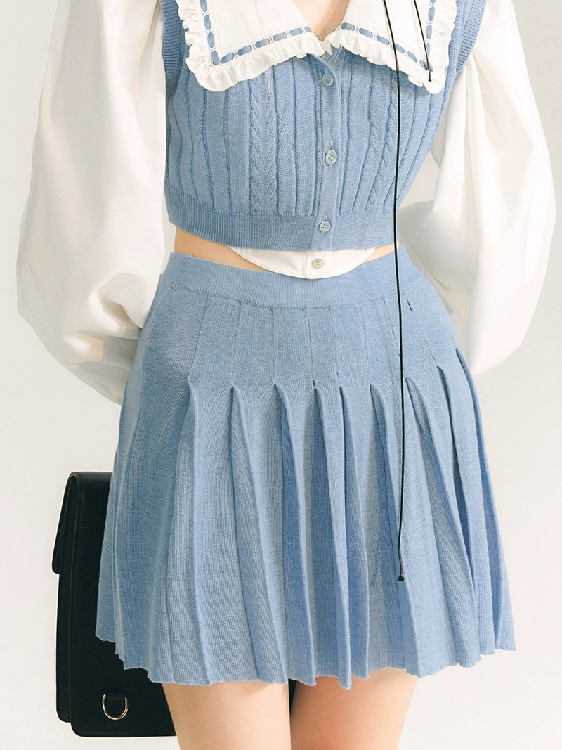 Round Neck Knit Vest & Pleated Skirt