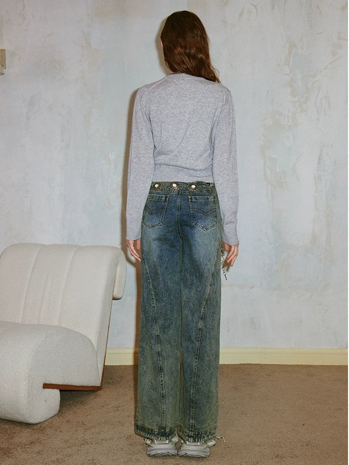 Retro Washed Design Straight Jeans